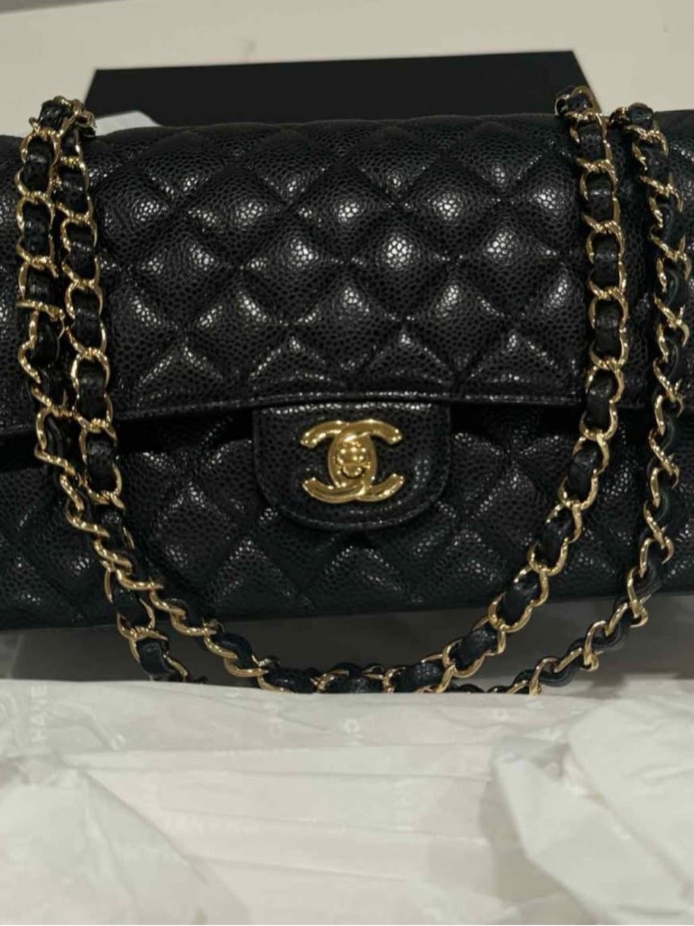 CHANEL Black Quilted Caviar Leather Shoulder Bag with Gold Hardware